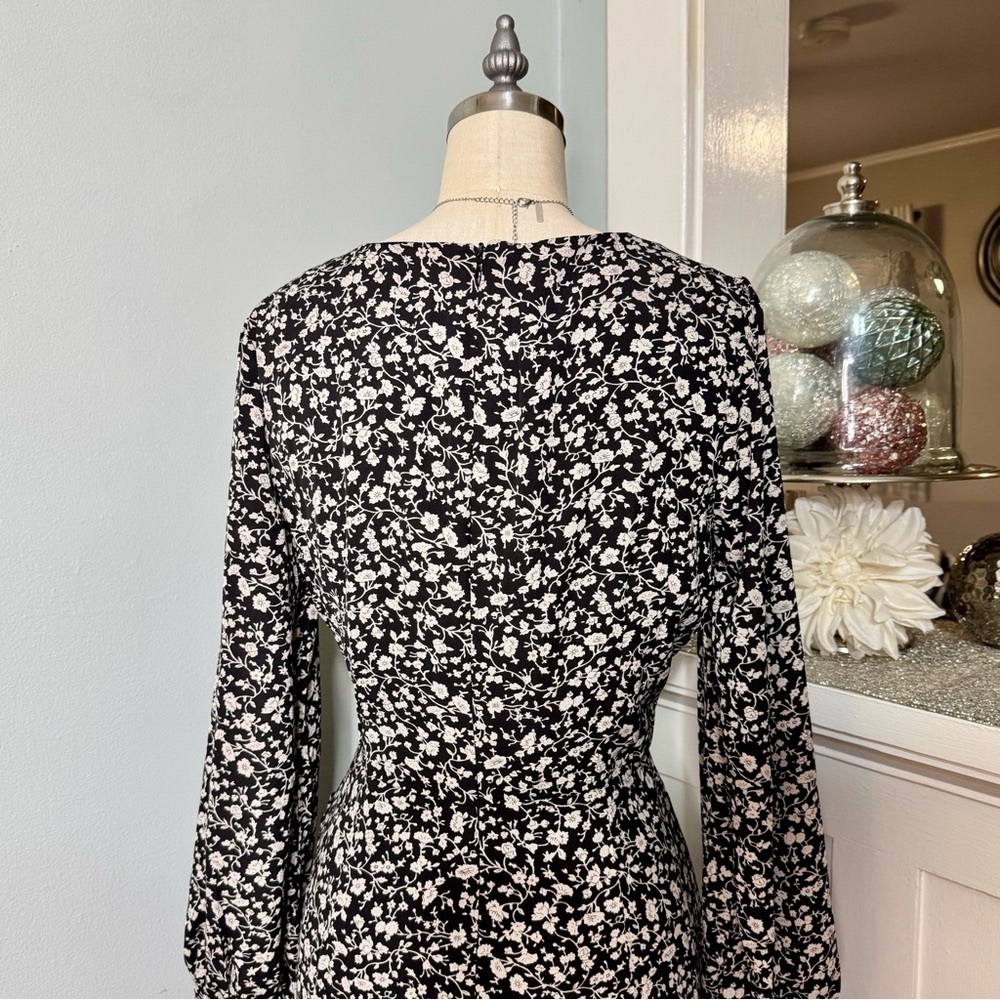 Lulus Fall Into You Black Floral Print Long Sleeve Wrap Dress Medium - Picture 8 of 14